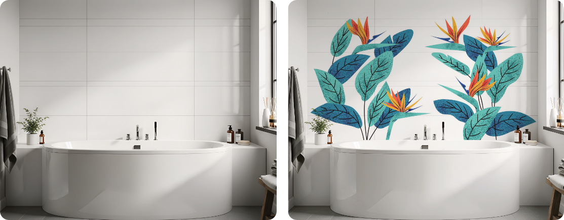 Tropical Tile Wall Mural Above Bathtub Bathroom Design